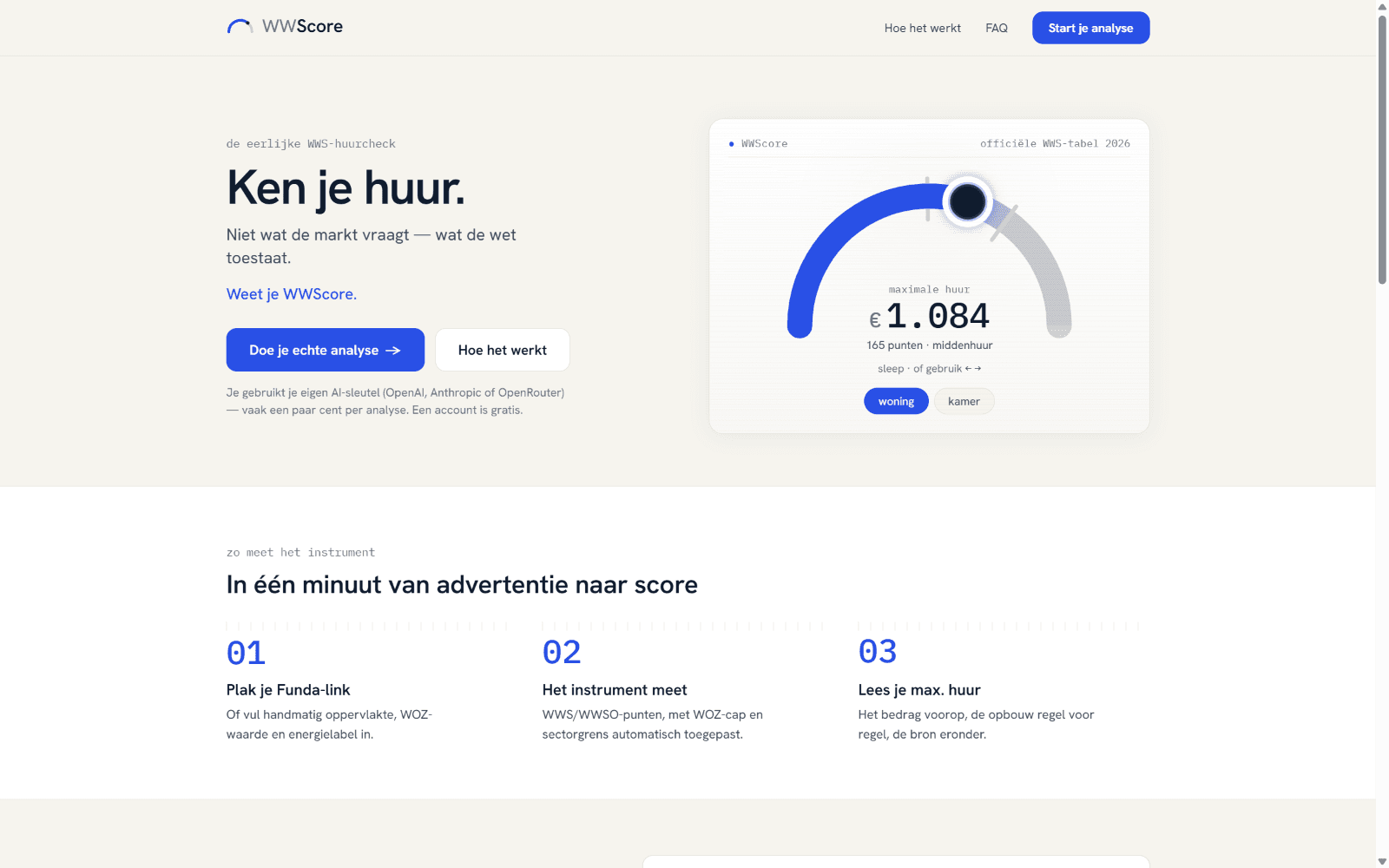 The WWScore site: a listing scored against the official WWS table, resolving to a points total and the maximum lawful rent.